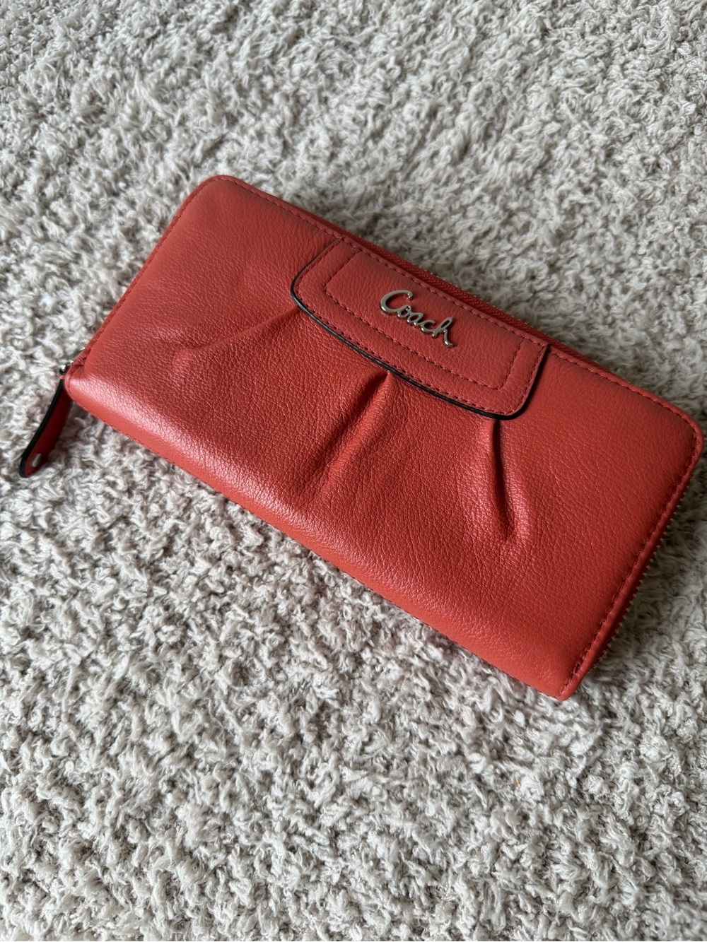 Coach Orange Leather Zip Wallet with Logo Plaque